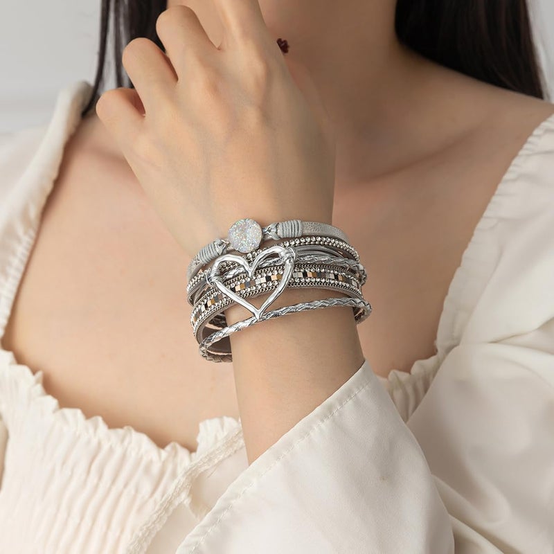 Rantanto Braid Leather Wrap Bracelet Trendy Stackable Crystal Cuff Boho Gold Heart Bracelet Jewelry Gift For Women - Image 3